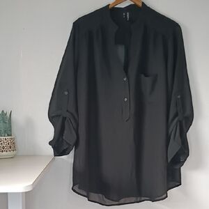 Maurices Black Sheer Long Sleeve Top Women’s XL | V-Neck Roll Tab Shirt Blouse